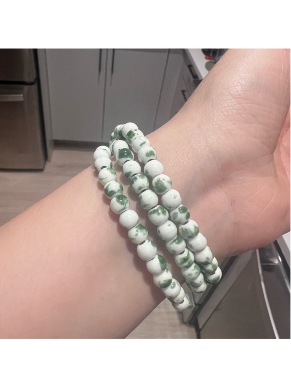 Ceramic Bead Wrap Bracelet White Green Porcelain Handmade Artisan Jewelry - Picture 3 of 5
